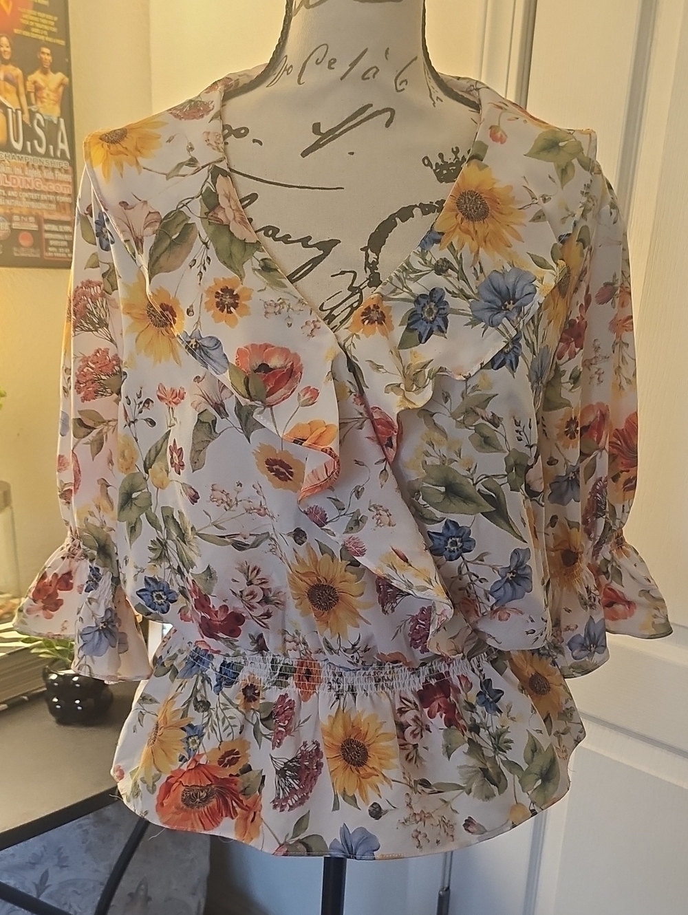 Philosophy White Floral Ruffle Wrap Blouse with Yellow & Blue Flowers